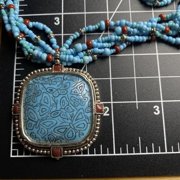 Monet Necklace Turquoise Color Multi Strand Butterfly Silver Tone Pendant 16+2" - Picture 6 of 7